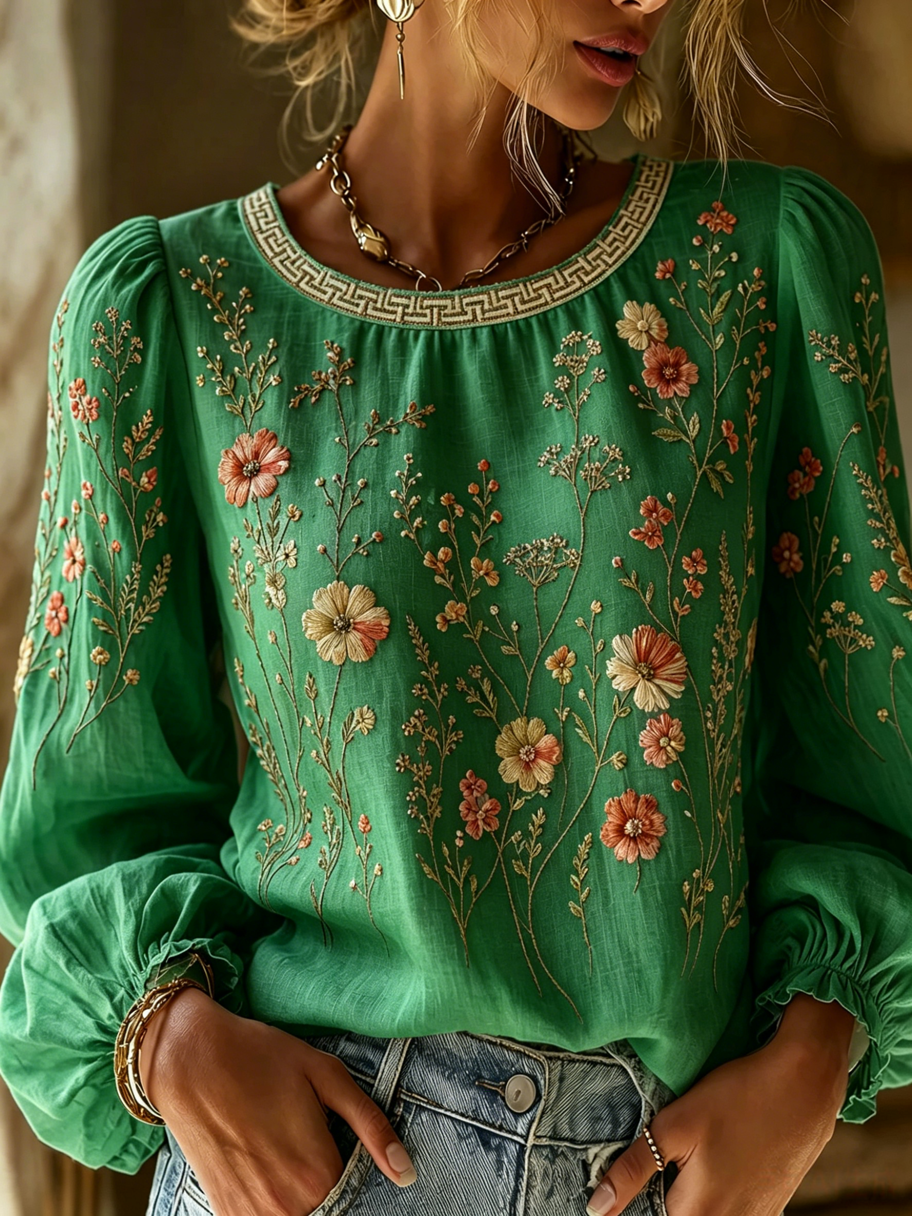 Women'S Floral Printed Casual Cotton And Linen Top