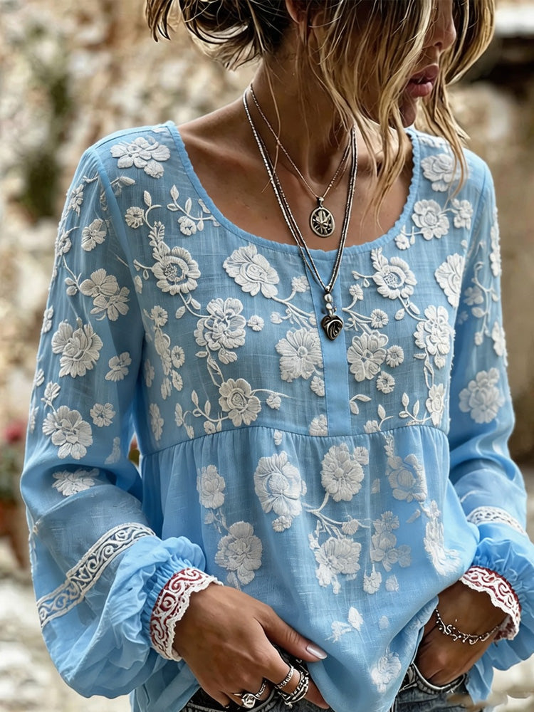 Women's Retro Bohemian Style Plant Embroidered Printed T-shirt