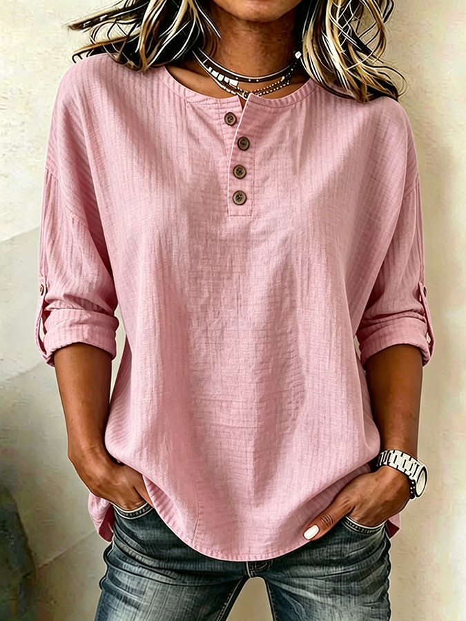 Women'S Casual Cotton And Linen 9-Quarter Sleeved Button Up Top