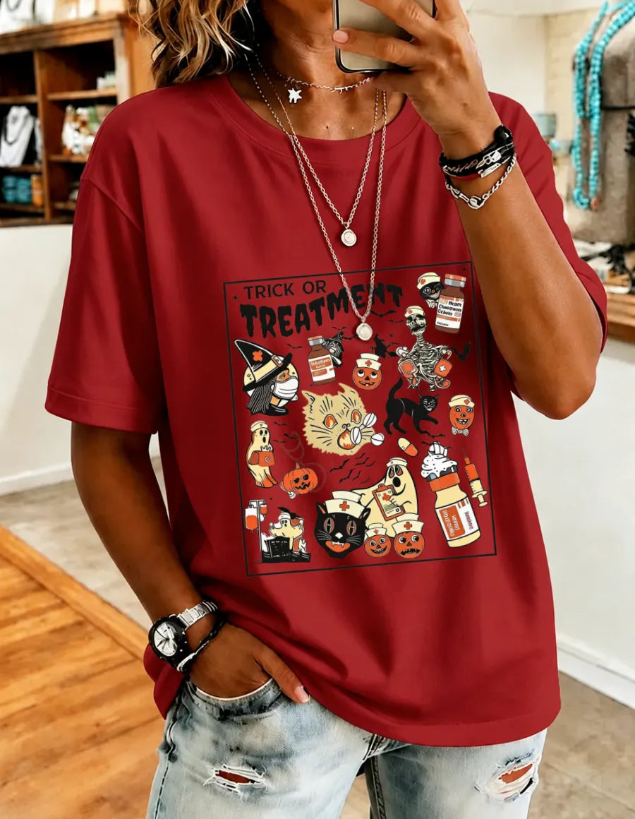 Women's  Halloween Floral Print Cotton T-Shirt