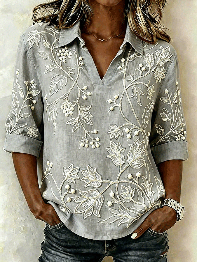 Women's Shawl Collar Half Sleeve Floral Lightweight Loose Shirt