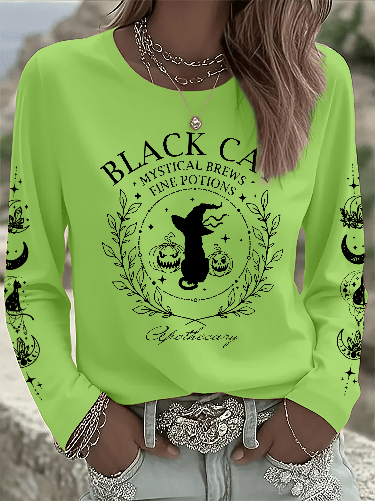 🔥HOT SALE🔥Women's Black Cat Mystical Brews Fine Potions Apothecary Print Long Sleeve T-Shirt