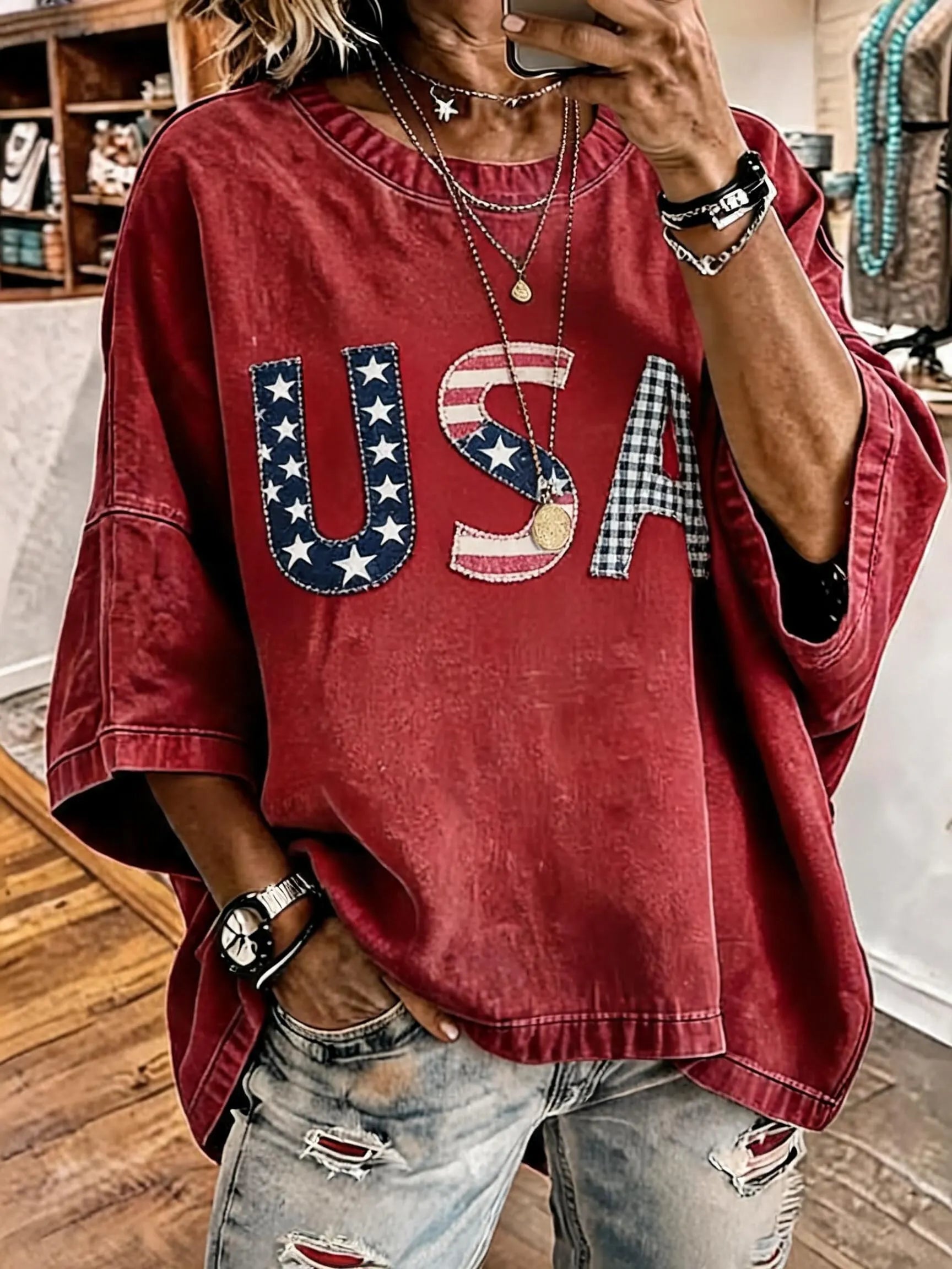 Women's Vintage Distressed Washed USA Printed Oversized T-Shirt
