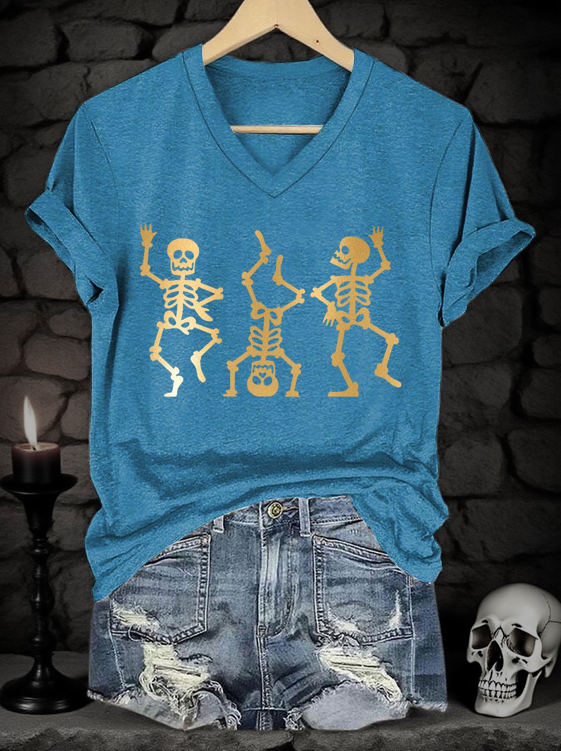 Women's Halloween Skull Gold Metal Print V-Neck Short Sleeve T-Shirt
