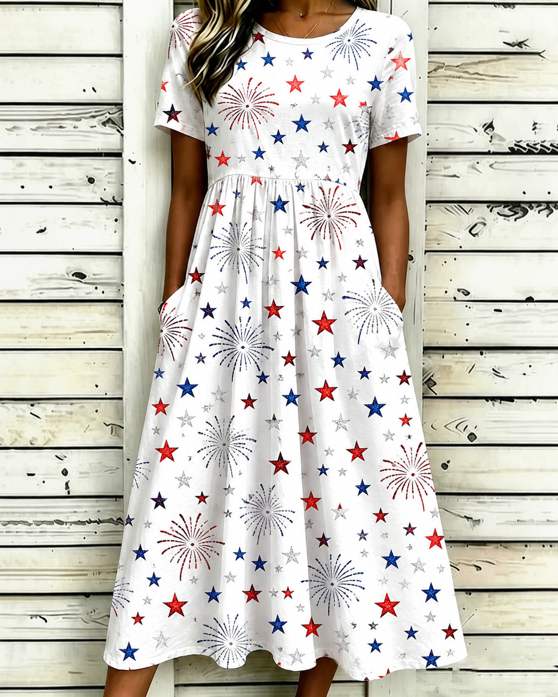 250th Anniversary Charity Fireworks  Print Pocket Casual Dress
