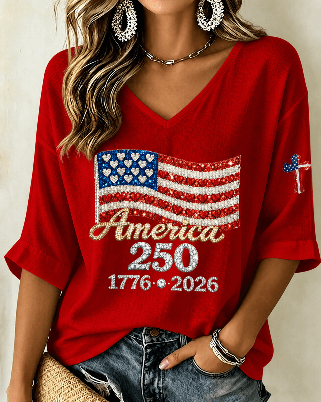 250th Anniversary Flag with Small Floral Print V-neck Half Sleeved Loose Top