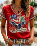 Women's 250th Anniversary Flag and Statue of Liberty Print V-neck Short Sleeve Tshirt