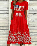 250th Anniversary National Flag Silver Flower Print Pocket Casual Dress