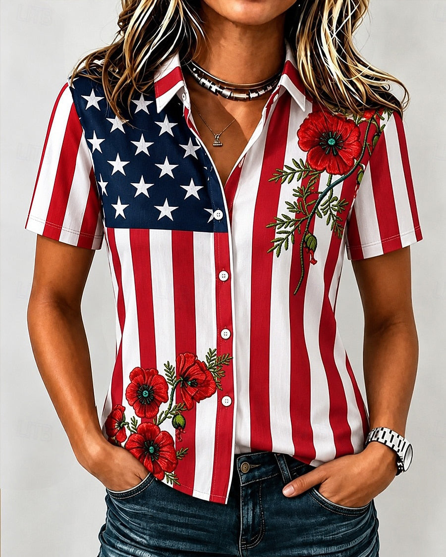 250th Anniversary of the American Flag Print Lapel Button-Down Short-Sleeved Shirt