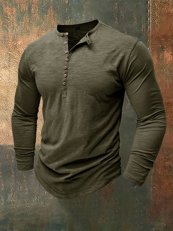 Men's Henley Collar Bamboo Cotton Long-Sleeved Top