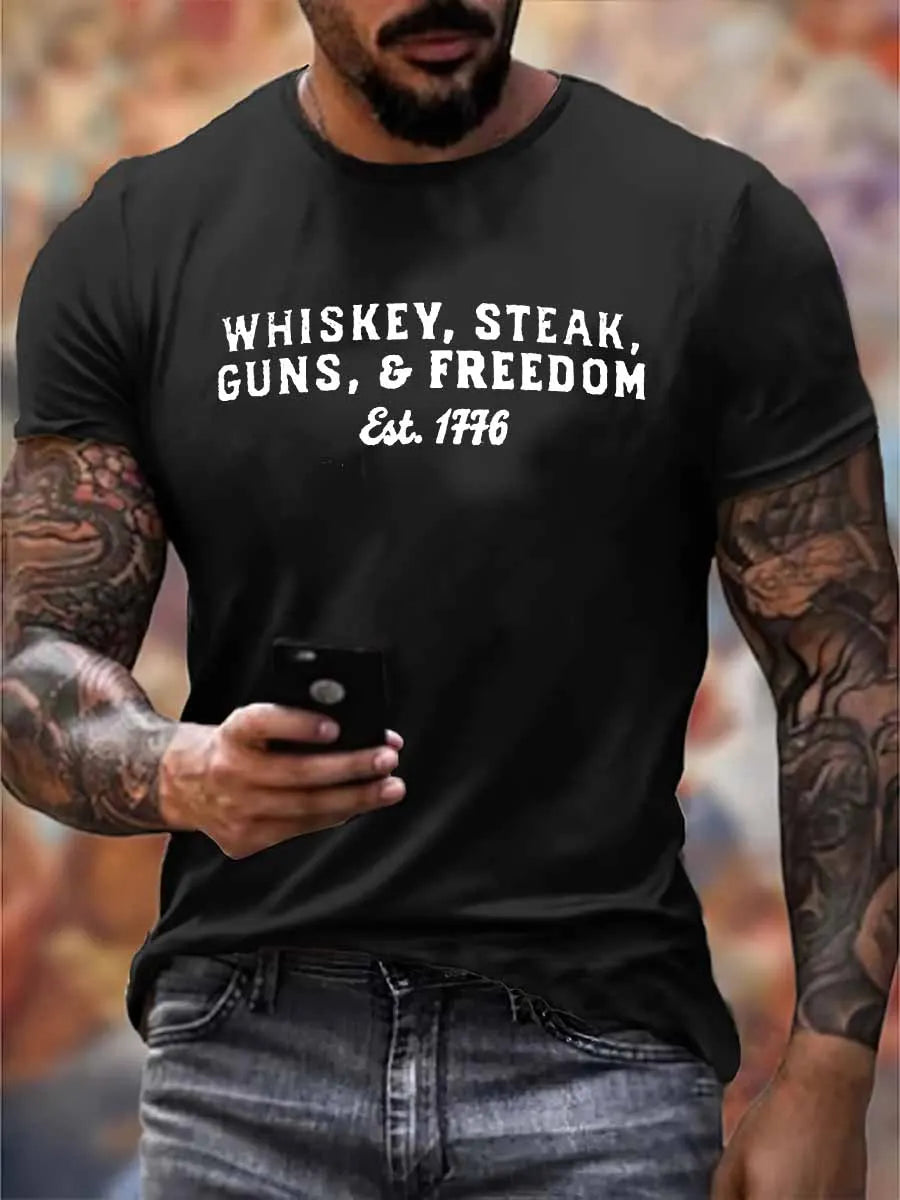 Whiskey Steak Guns And Freedom Print 100% Cotton T-Shirt