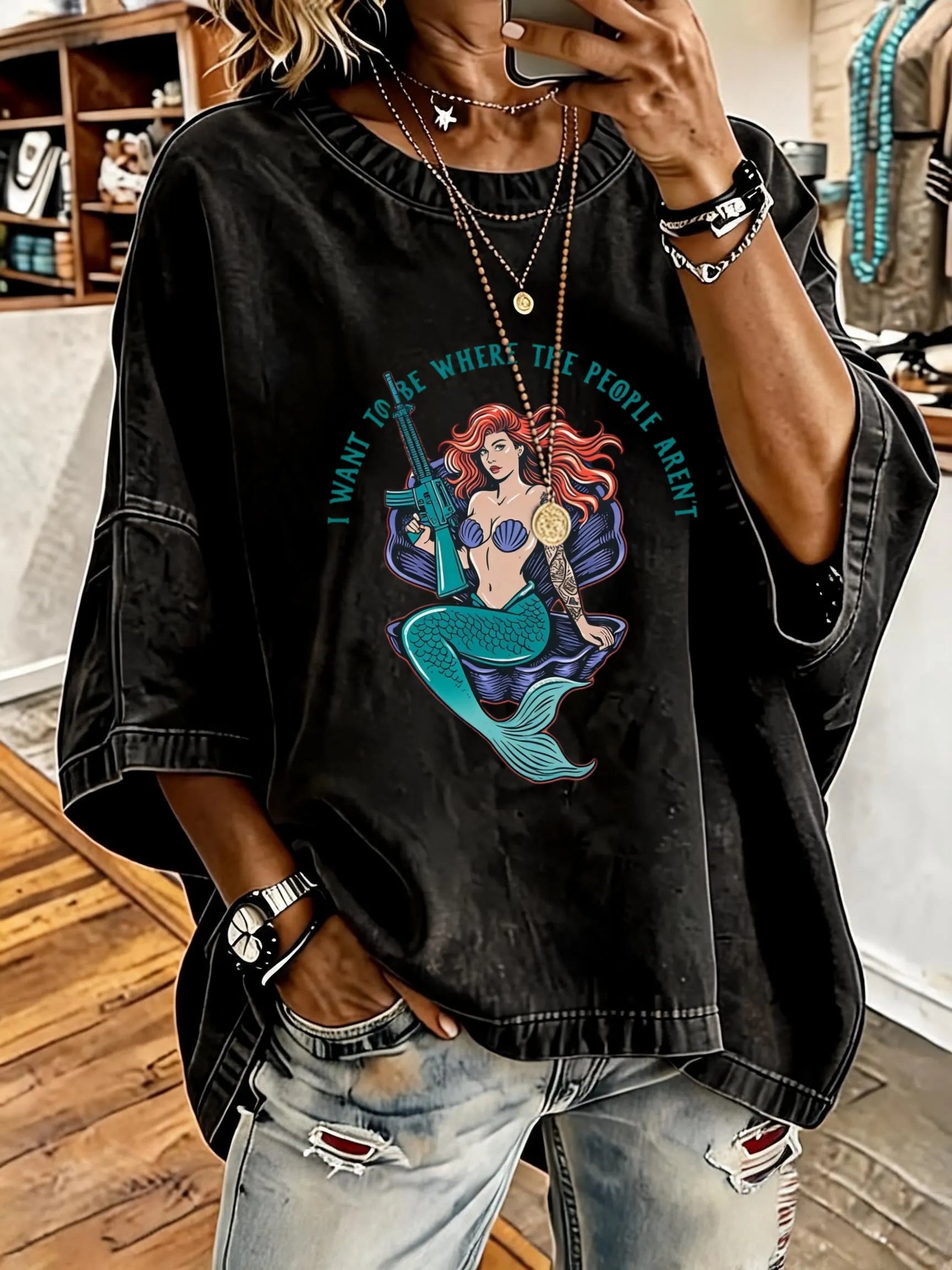 Women'S Vintage Distressed Washed M16 Mermaid Oversized T-Shirt