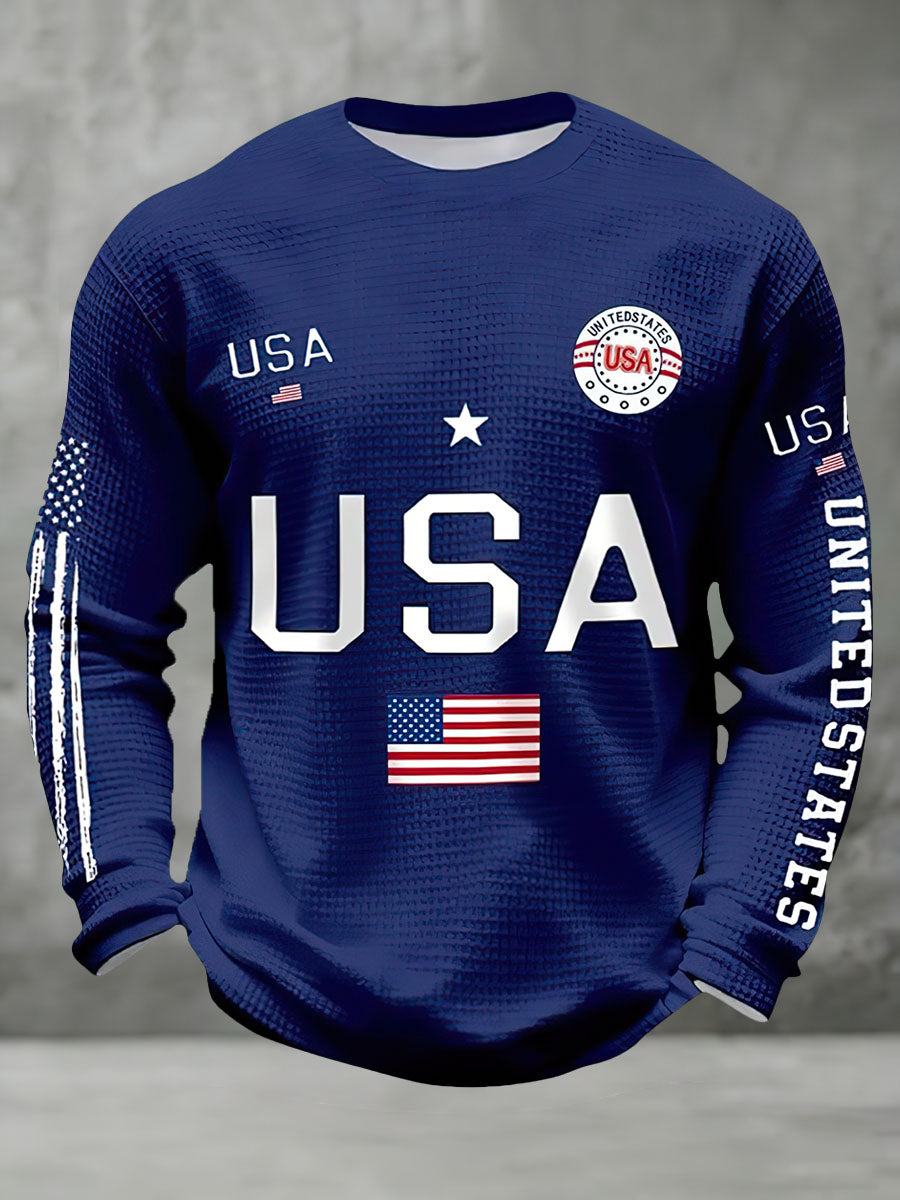 Waffle American Flag Printed Long Sleeve Crew Neck Sweatshirt