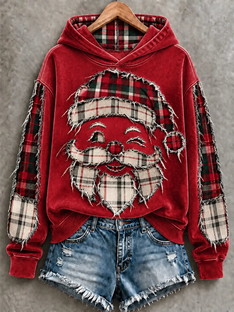 Vintage Green Buffalo Plaid Distressed Santa Christmas Hoodie