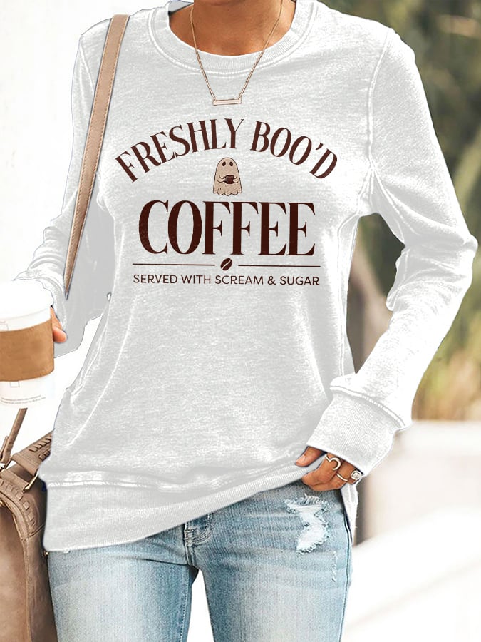 🔥HOT SALE🔥Retro Halloween Ghost Freshly Boo'd Coffee Served With Scream & Sugar Print Sweatshirt