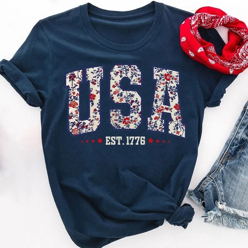 Retro Floral USA Cotton T-Shirt