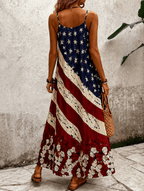 Sling American Flag Rose Splicing Print Pocket Maxi Dress