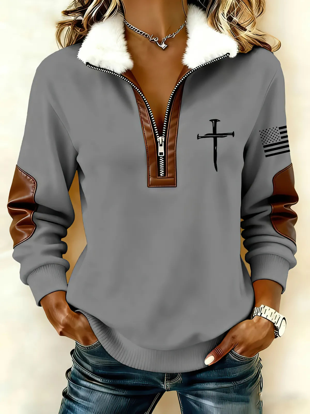 Women's Casual Retro Faith Print Patchwork Fur Collar Long-Sleeve Sweatshirt
