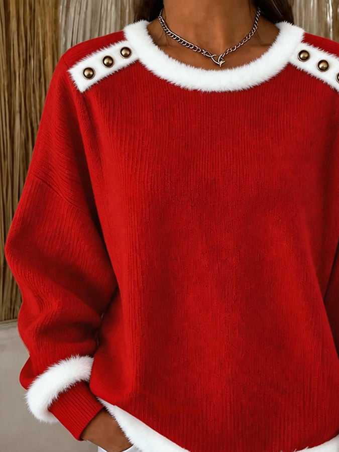 Women'S Casual Color-Blocked Plush Patchwork Button Sweater