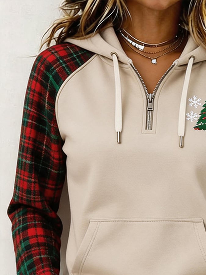 Damen-Sweatshirt mit kariertem Raglan-Ausschnitt und Weihnachtsbaum-Print