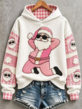 Damen karierter cooler Weihnachtsmann Sonnenbrillen-Hoodie mit Patchwork-Kunstdruck
