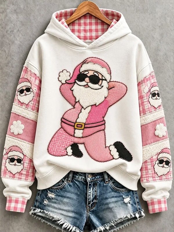 Damen karierter cooler Weihnachtsmann Sonnenbrillen-Hoodie mit Patchwork-Kunstdruck