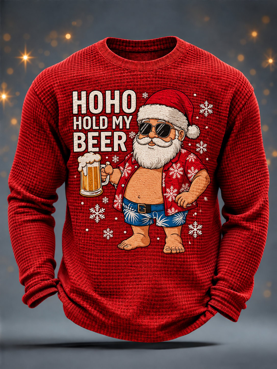 Herren-Langarmshirt „Ho Ho Hold My Beer“ mit Weihnachtsmann-Waffelmuster