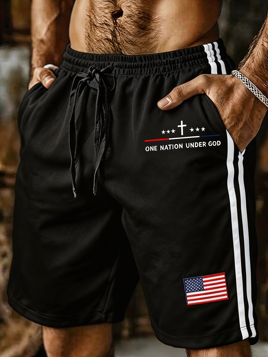 Men's One Nation Under God Cross Star US Flag Patch Striped Drawstring Casual Sports Running Shorts