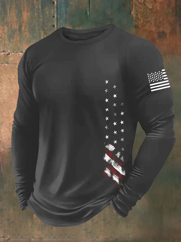 Men's American Flag  Pattern Long Sleeve 100% Cotton T-Shirt
