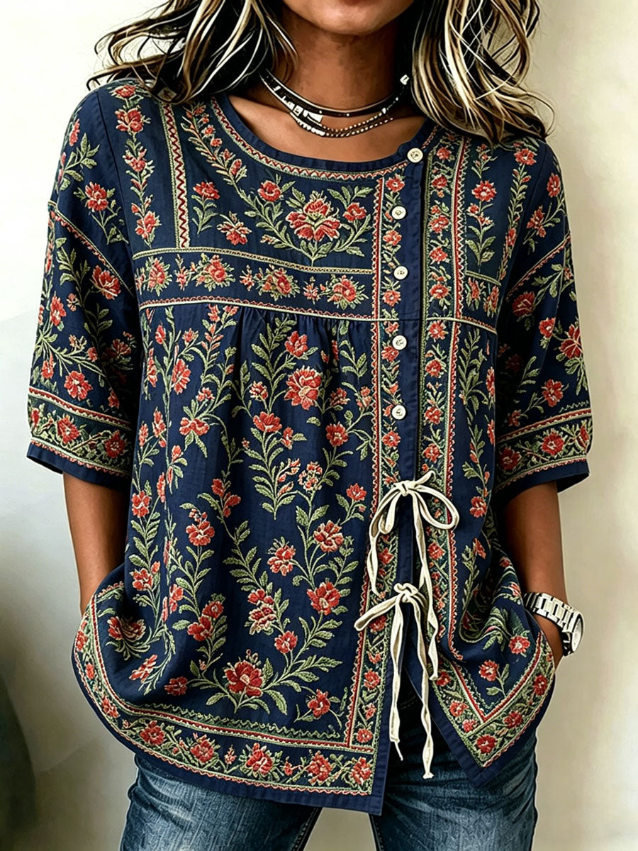 Women'S Cotton And Linen Casual Striped Print Top