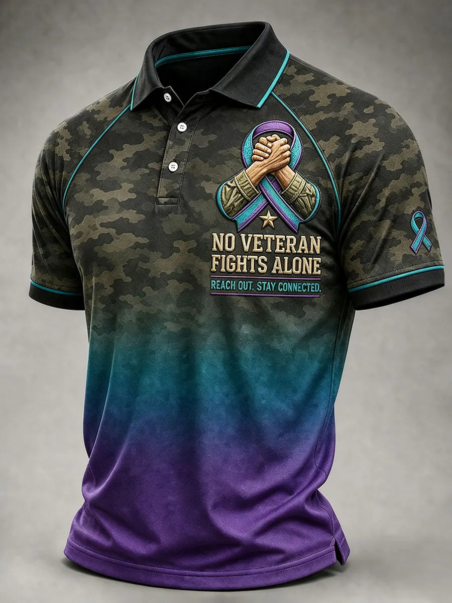 Men’s “No Veteran Fights Alone” Mental Health Awareness Gradient Camo Polo Shirt