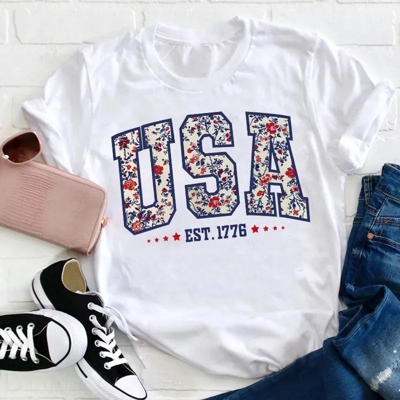 Retro Floral USA Cotton T-Shirt