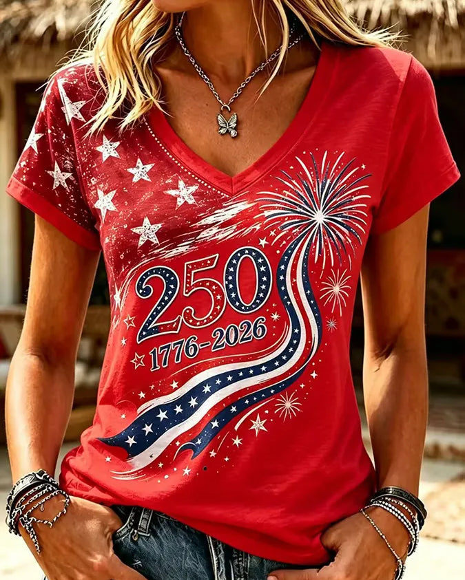 250th Anniversary Fireworks Stars Print V-neck Short Sleeve Tshirt