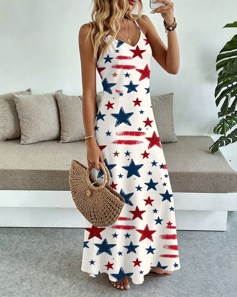Graffiti Stripes and Stars Print Pocket Maxi Dress