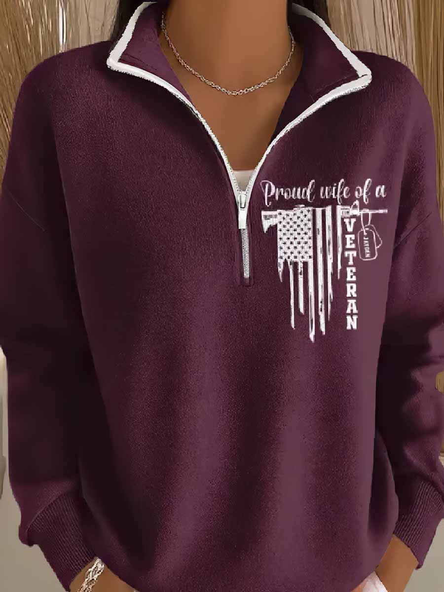 Women's Veterans Print Zip-Up Stand Collar Sweatshirt