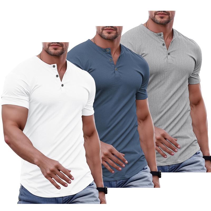 Men's Plain Muscle Slim Fitted Henley Shirts Crewneck T-Shirt