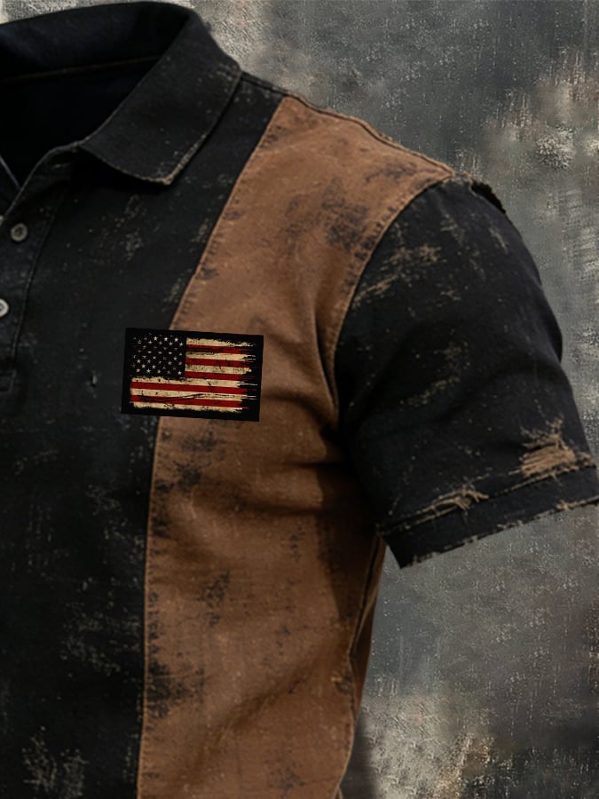 Men's Retro Color Block Pure Cotton Washed Patriot Polo Shirt