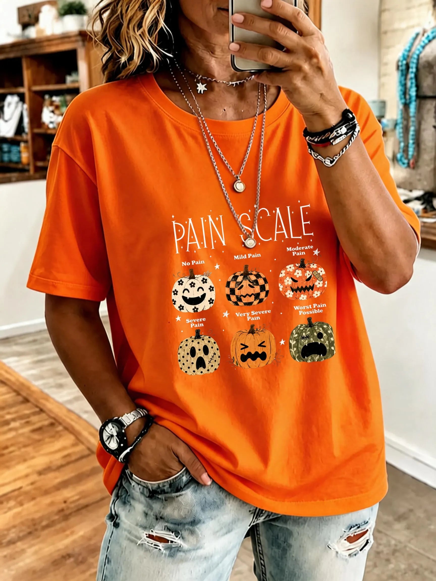 Women's  Halloween Fun Pumpkin Pain Scale Print Cotton T-Shirt