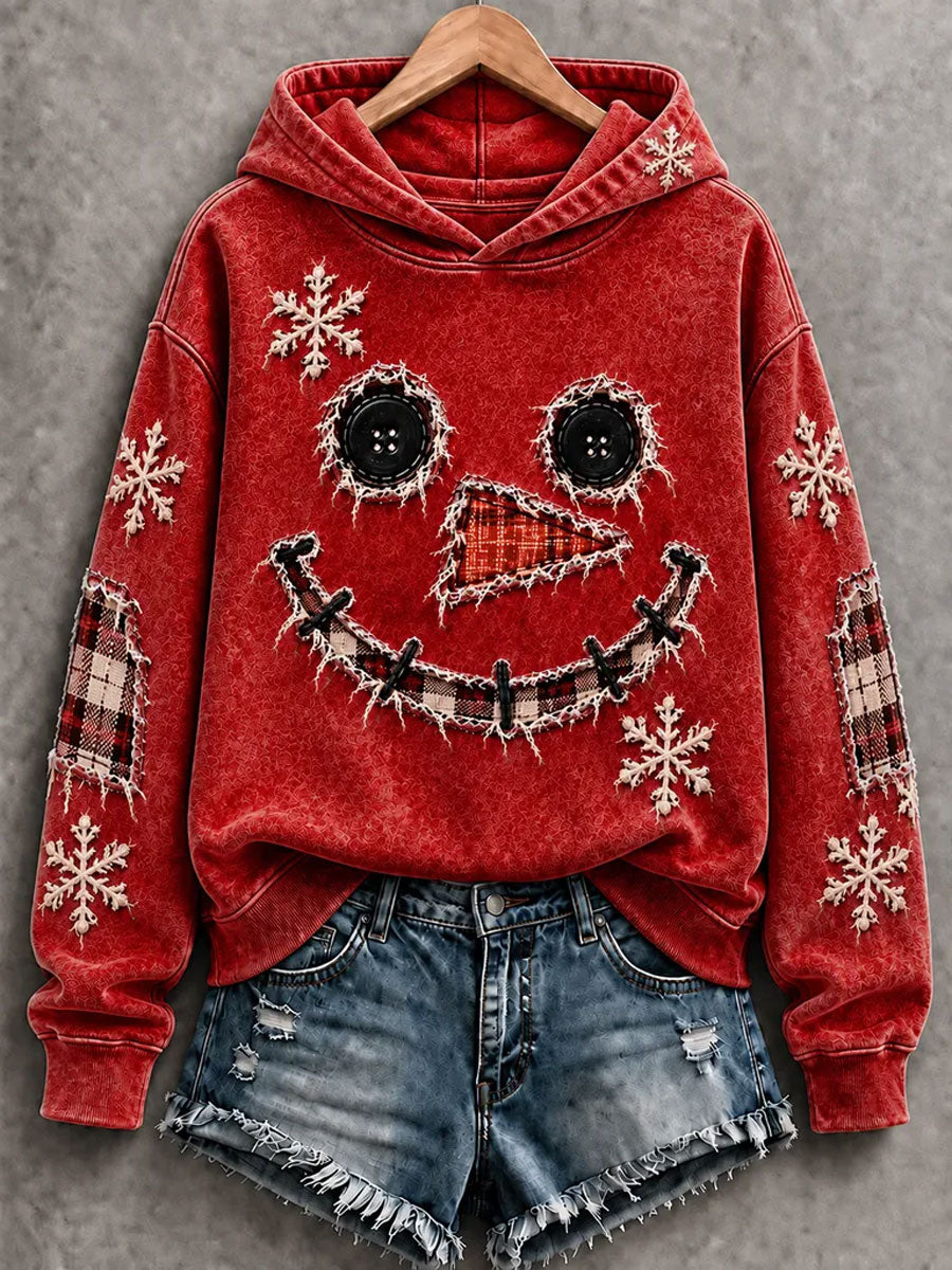 Cute Snowman Face Button & Plaid Patchwork Blue Distressed Hoodie