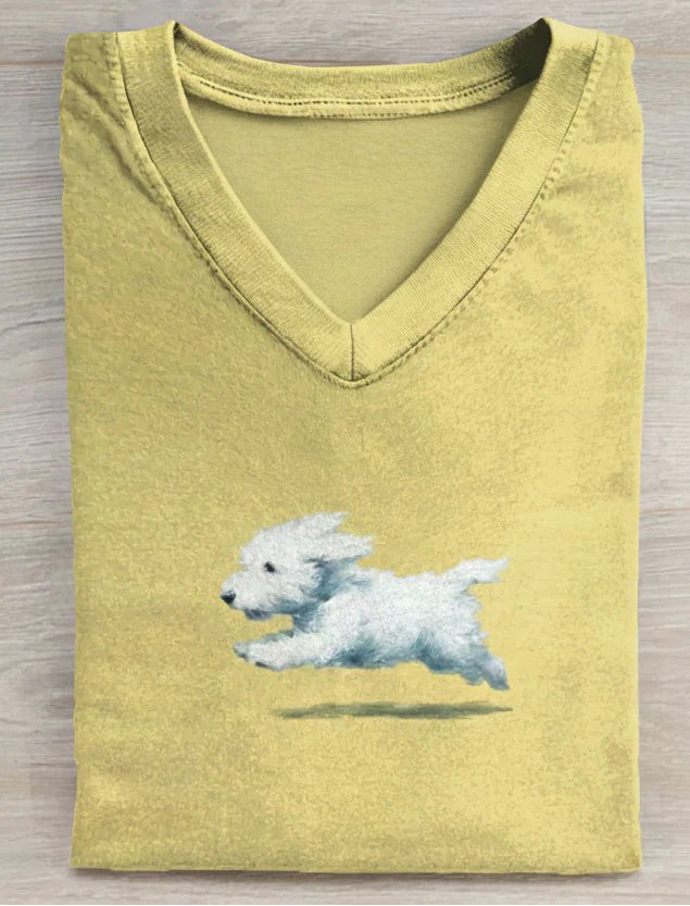 Funny Retro Cute Running White Dog Art Print V-neck Casual T-shirt