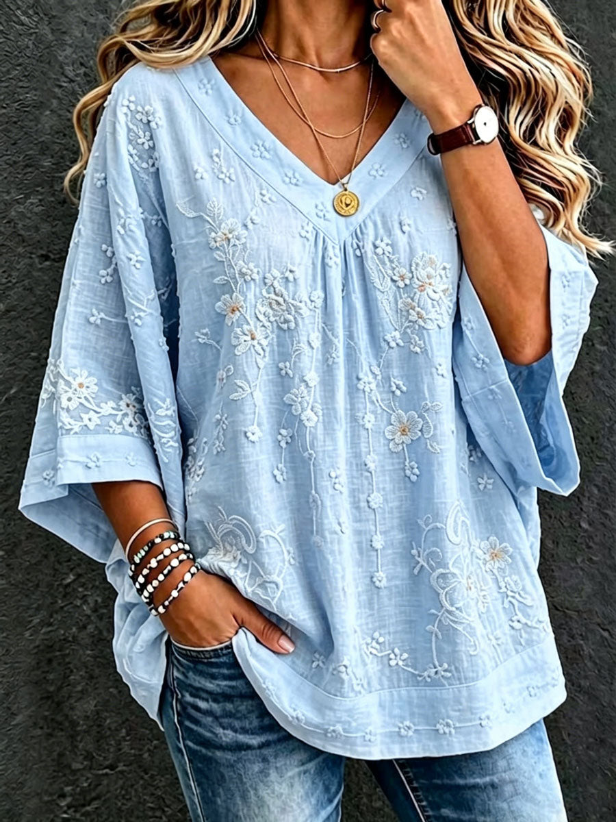 Women'S Cotton And Linen Floral Casual Vacation Top
