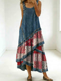 Women's Vintage Floral Strawberry Denim Design Sleeveless Multi-layered Ruffled Strap Dress