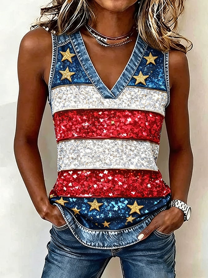 Women's 250th Anniversary Freedom Flower Art  Print Casual V-Neck Vest