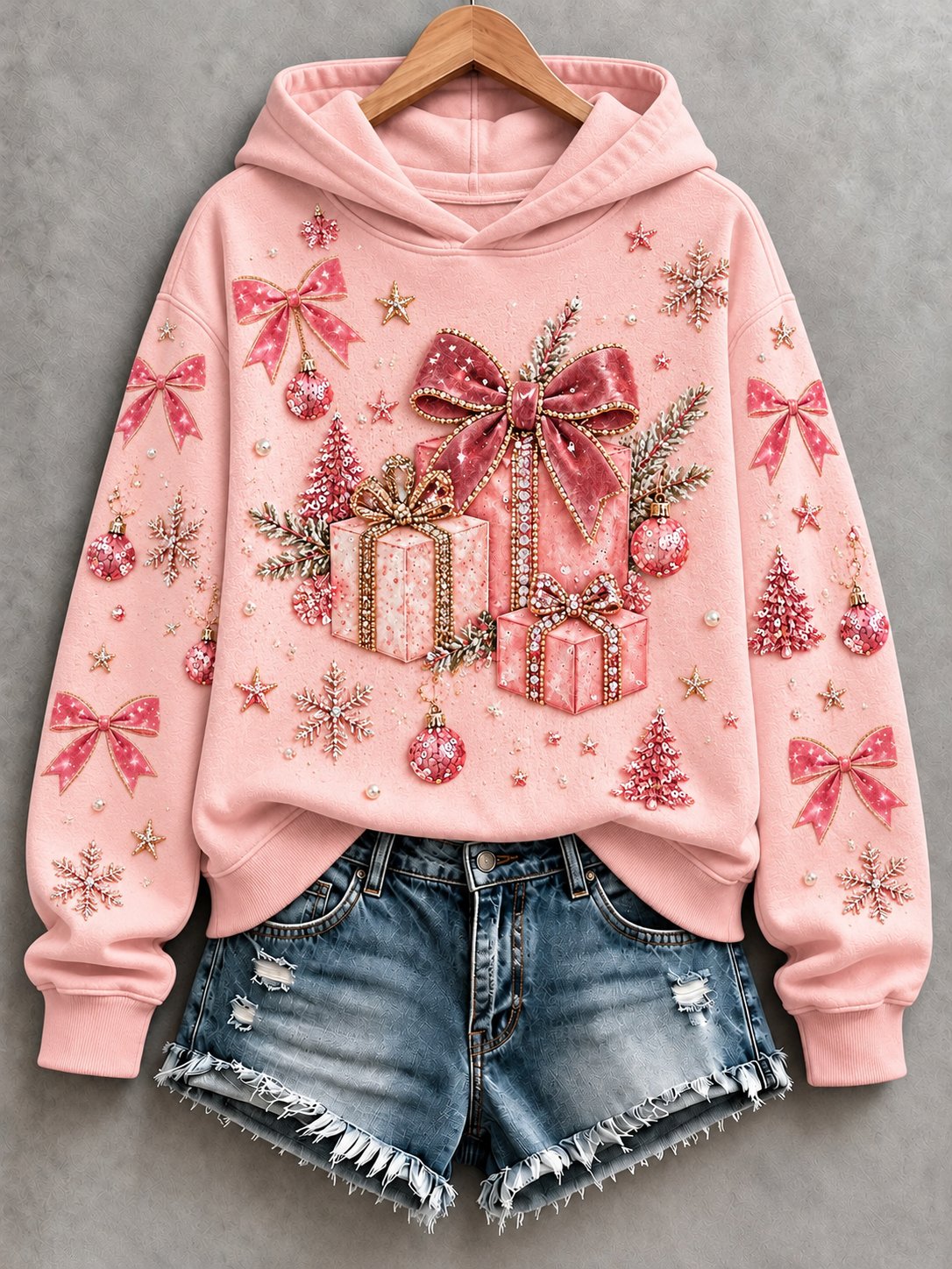 Damen-Sweatshirt mit Weihnachtsmuster, Rundhalsausschnitt und langen Ärmeln
