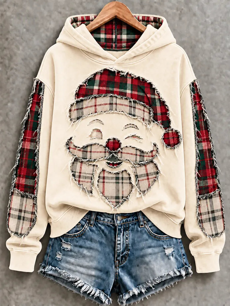 Vintage Green Buffalo Plaid Distressed Santa Christmas Hoodie