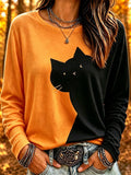 Women's Mysterious Black Cat Print Crew Neck Top