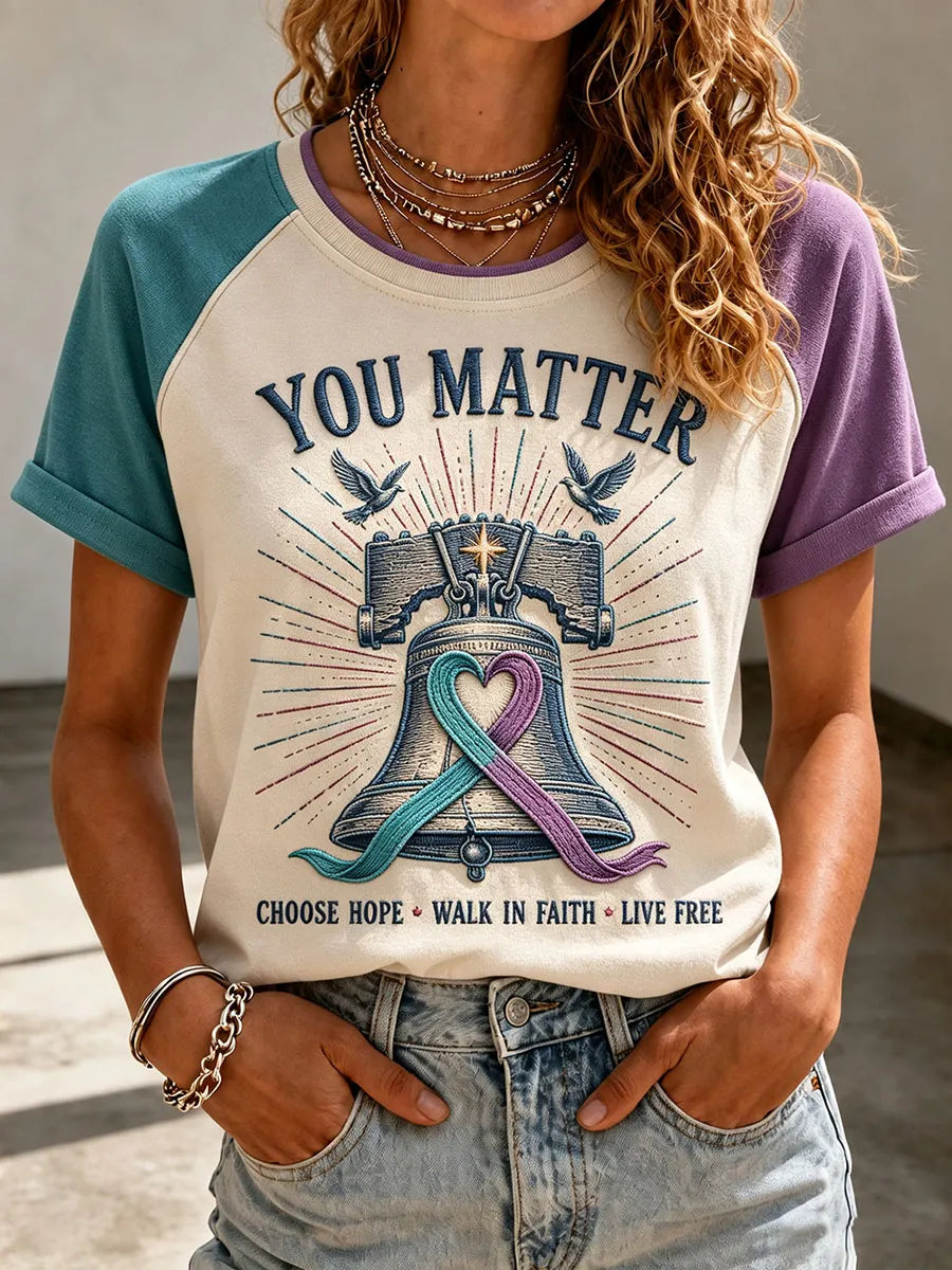 Women’s “You Matter” Liberty Bell Hope Ribbon Color-Block Crew Neck T-Shirt