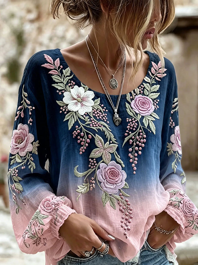 Women's floral fresh round neck top