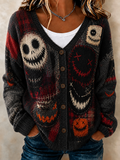 Women's Retro Halloween Patchwork Print Casual Knit Cardigan