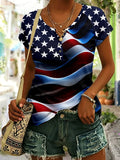Women's Vintage American Flag Print Button Design Casual T-Shirt